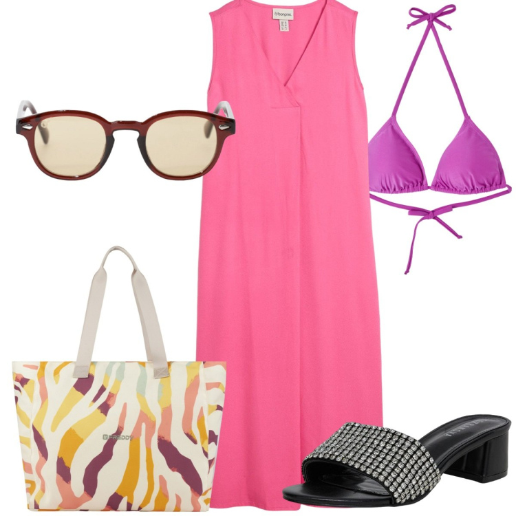 Outfit donna - Total look #2201067. Stile Trendy per Mare. Abbinamento con vestiti, bikini, ciabatte, occhiali da sole, shopping bag.