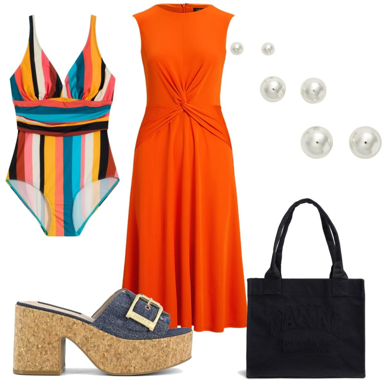 Outfit donna - Total look #2201070. Stile Trendy per Mare. Abbinamento con costumi interi, orecchini, vestiti, sandali, shopping bag.