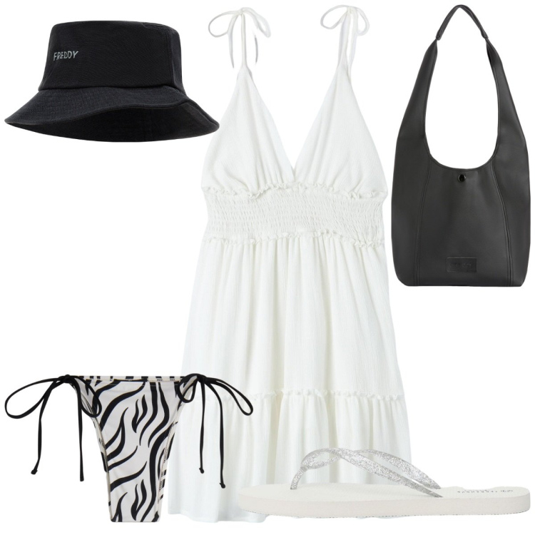 Outfit donna - Total look #2201072. Stile Trendy per Mare. Abbinamento con vestiti, infradito, borse a spalla, bikini, cappelli.