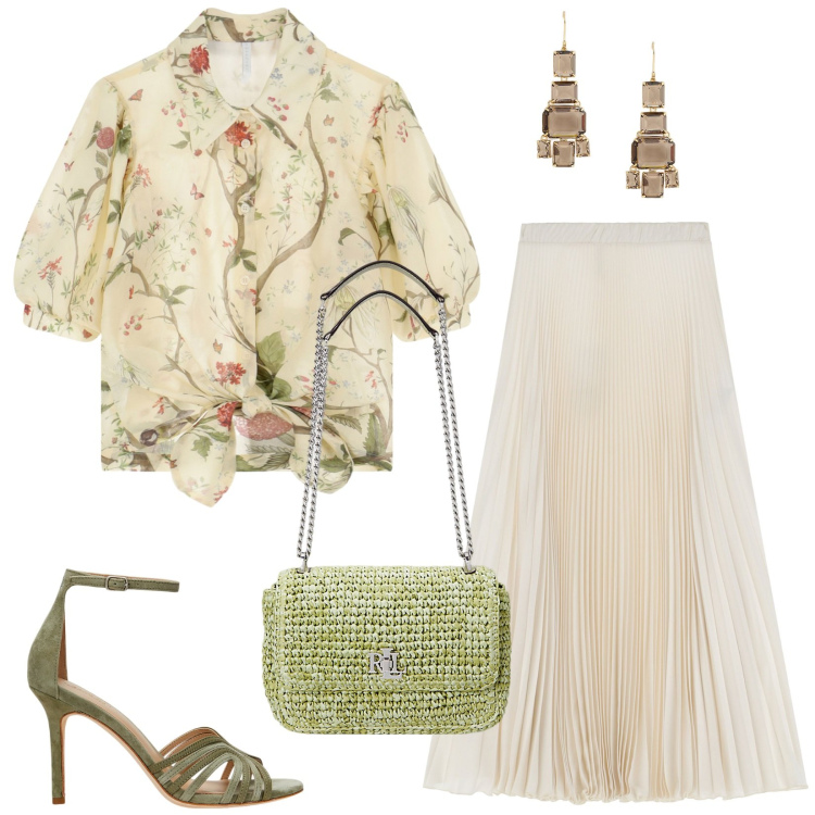 Outfit donna - Accessori verde foresta. Stile Romantica per Cerimonia. Abbinamento con camicie a manica corta, gonne lunghe, borse a spalla, sandali in pelle, orecchini.