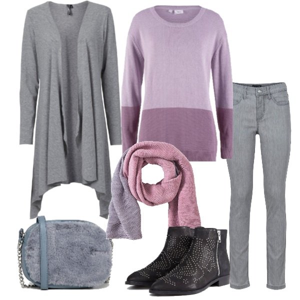 Outfit donna - Pullover color block e grigio. Stile Basic per Tutti i giorni. Abbinamento con jeans skinny, pullover con scollo viola e corda, cardigans, sciarpa plissè, stivaletti effetto scamosciato pianta larga, borsa a tracolla.