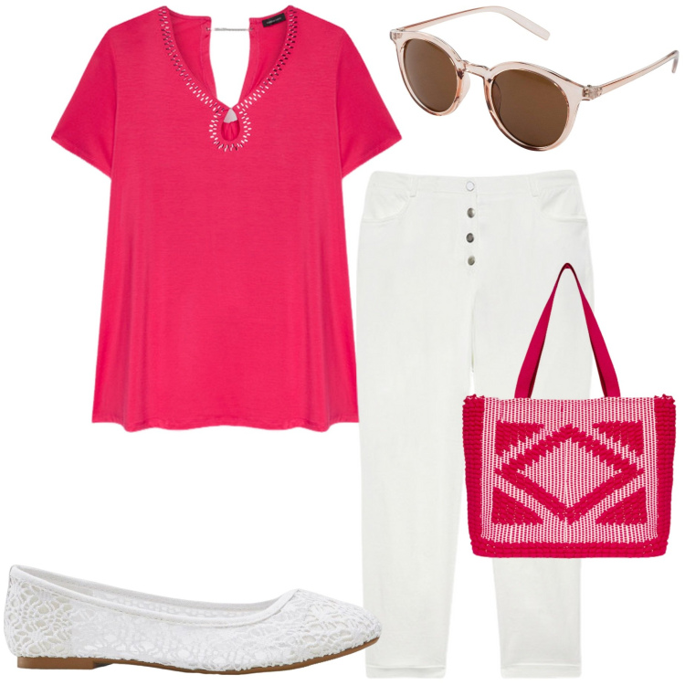 Outfit donna - In città. Stile Casual chic per Ufficio. Abbinamento con occhiali da sole, ballerine, bluse, pantaloni, borse a mano.