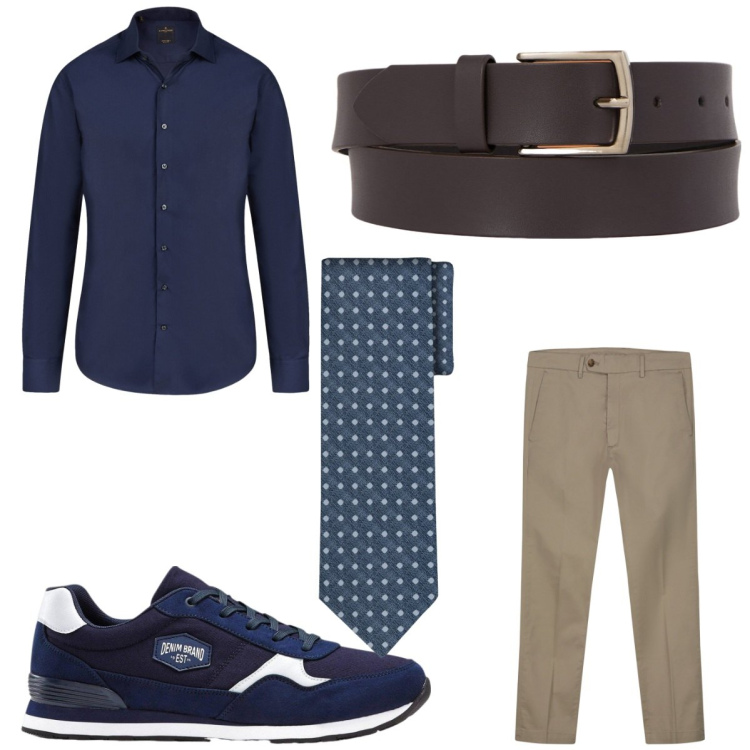Outfit uomo - In ufficio. Stile Casual per Ufficio. Abbinamento con sneakers, cinture, pantaloni chino, cravatte, camicie.