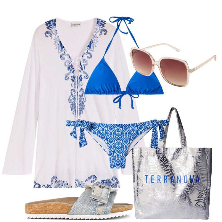 Outfit donna - Vado al mare. Stile Boho per Mare. Abbinamento con occhiali da sole, vestiti da spiaggia, bikini, borse tote, bikini, sandali.