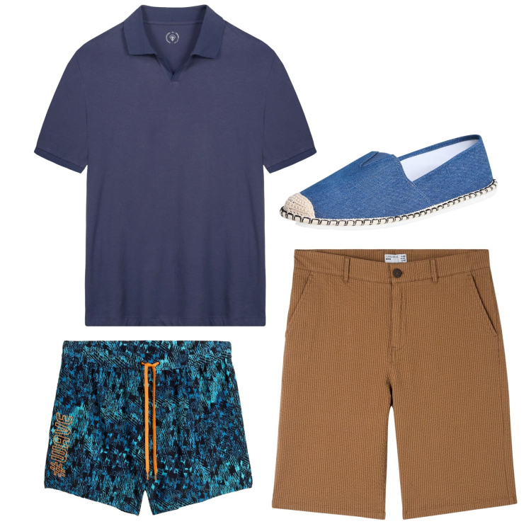 Outfit uomo - Blu e tabacco. Stile Casual per Mare. Abbinamento con costumi, bermuda, espadrillas, polo.