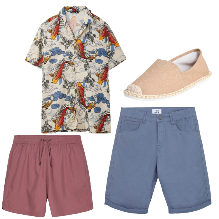 Outfit uomo - Camicia carioca. Stile Casual per Mare. Abbinamento con espadrillas, bermuda, camicie a manica corta, costumi.