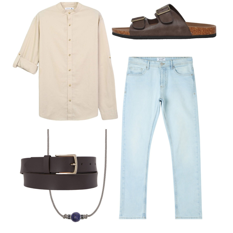 Outfit uomo - Polvere. Stile Casual per Tutti i giorni. Abbinamento con jeans dritti, camicie, sandali, collane, cinture.