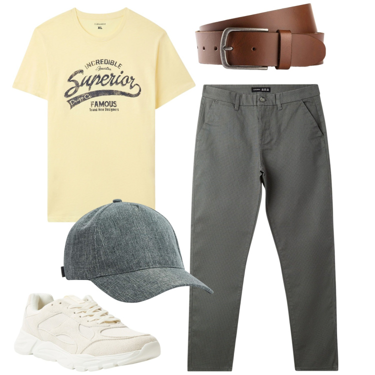 Outfit uomo - Tra amici. Stile Casual per Tutti i giorni. Abbinamento con cinture, pantaloni chino, cappelli, t-shirt, sneakers.