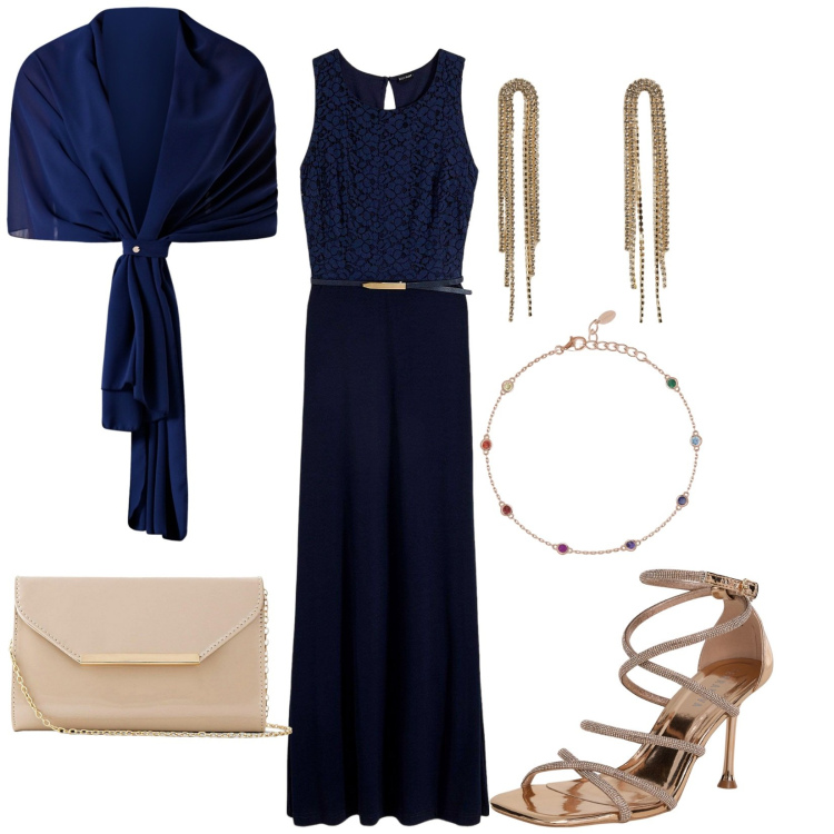 Outfit donna - Serata elegante. Stile Chic per Serata fuori. Abbinamento con vestiti lunghi, pochette, sandali col tacco, orecchini, braccialetti, scialli.
