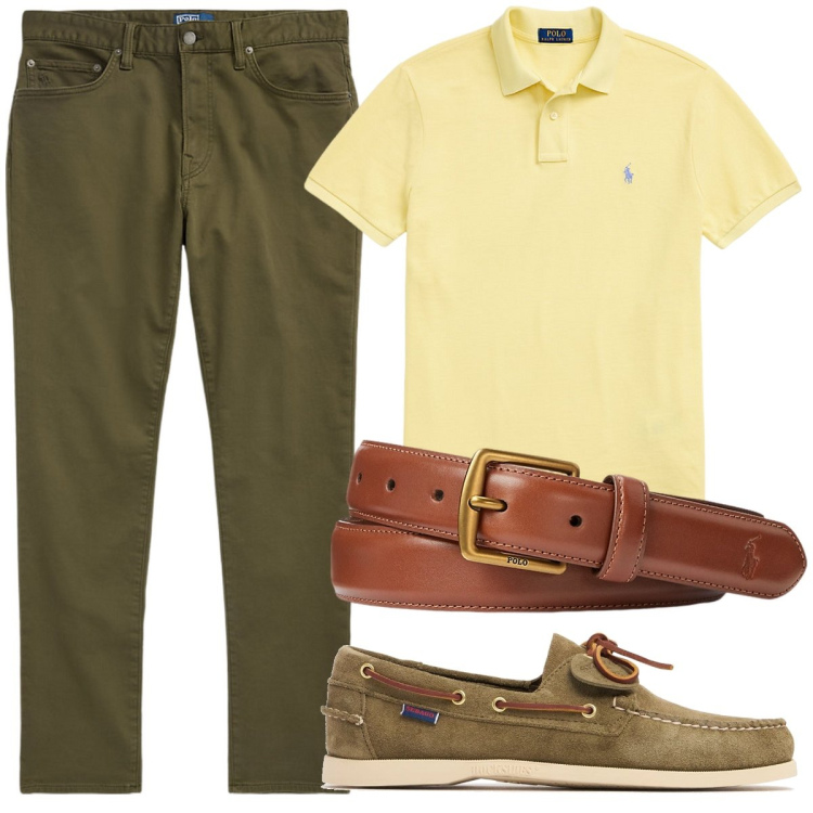 Outfit uomo - In ufficio casual. Stile Casual per Tutti i giorni. Abbinamento con cinture, pantaloni chino, polo, scarpe stringate.