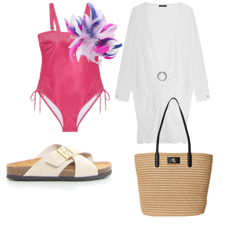 Outfit donna - In costume. per Mare. Abbinamento con borse tote, vestiti da spiaggia, costumi interi, ciabatte, accessori per capelli.