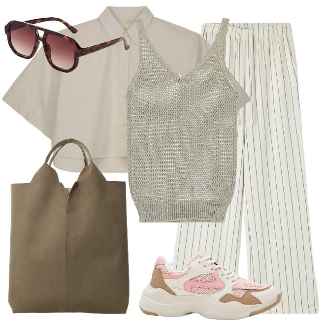 Outfit donna - Valigia per le vacanze 1. Stile Casual per Tutti i giorni. Abbinamento con sneakers, occhiali da sole, pantaloni, canottiere, shopping bag, camicie a manica corta.