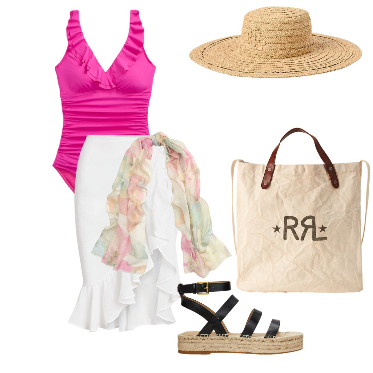 Outfit donna - In costume. per Mare. Abbinamento con borse tote, costumi interi, espadrillas, vestiti da spiaggia, sciarpe, cappelli.