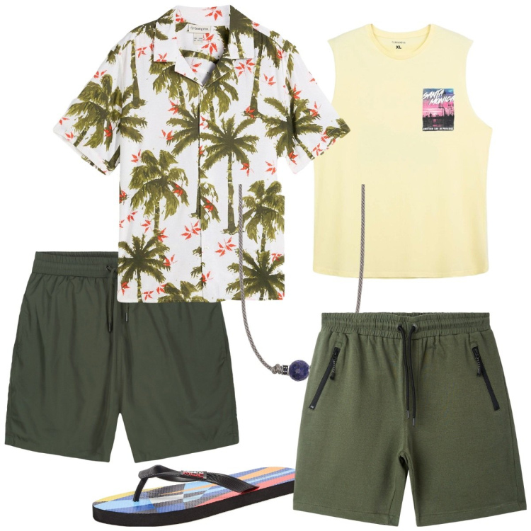 Outfit uomo - Stile beach to bar. Stile Casual per Mare. Abbinamento con camicie a manica corta, sandali, canottiere, bermuda, collane, costumi.