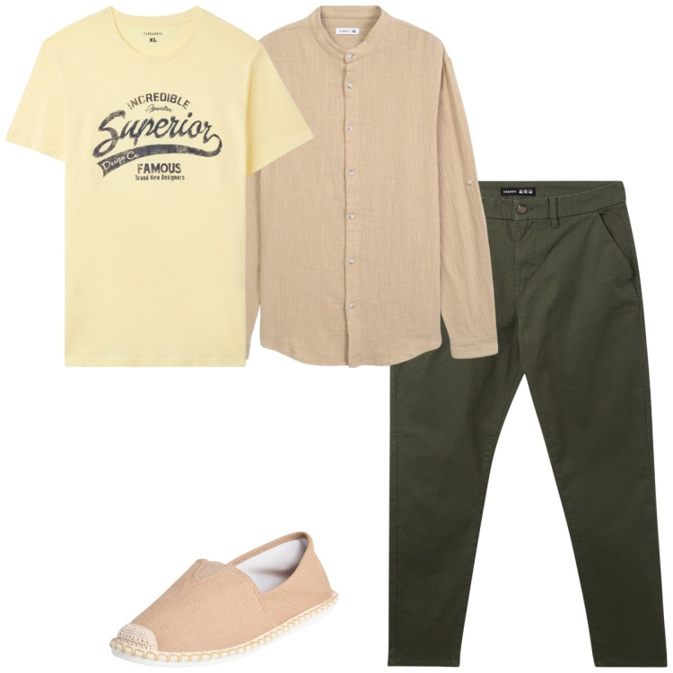Outfit uomo - Giallo, terracotta e verde oliva. Stile Casual per Tutti i giorni. Abbinamento con pantaloni chino, t-shirt, espadrillas, camicie.
