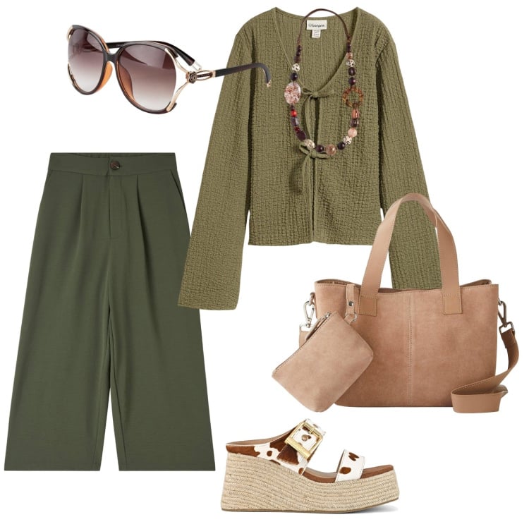 Outfit donna - A lavoro. per Ufficio. Abbinamento con occhiali da sole, bluse, borse a mano, pantaloni a palazzo, zeppe, collane.