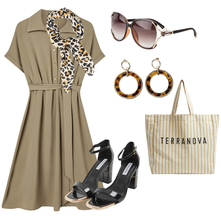 Outfit donna - Un caffè con le amiche. per Tutti i giorni. Abbinamento con occhiali da sole, sabot, vestiti chemisier, borse tote, foulard, orecchini.