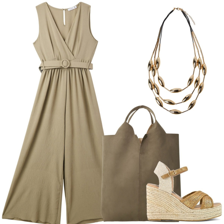 Outfit donna - Jumpsuit a luglio!. Stile Casual chic per Tutti i giorni. Abbinamento con tute, shopping bag, zeppe, collane.