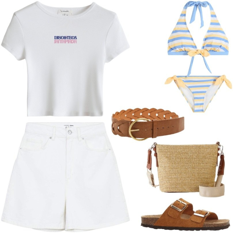 Outfit donna - Bellissimo bikini Celeste a riga. Stile Basic per Mare. Abbinamento con bikini, ciabatte, borse a tracolla, t-shirt, cinture, bermuda.