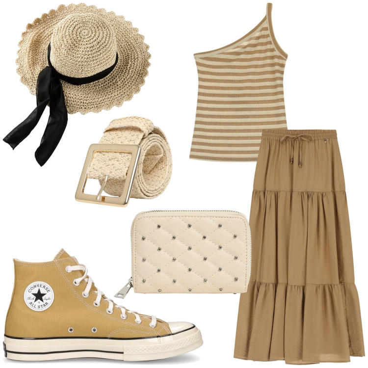 Outfit donna - Total look #2201159. Stile Urban per Tutti i giorni. Abbinamento con cappelli, portafogli, cinture, top, gonne lunghe, sneakers.