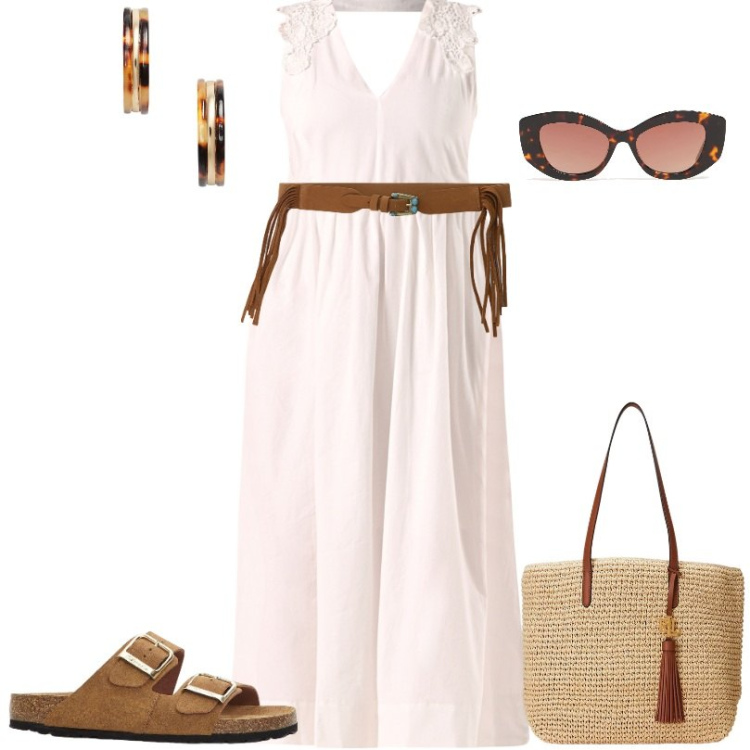 Outfit donna - Abito Bianco Macramé. Stile Boho per Tutti i giorni. Abbinamento con ciabatte, vestiti, cinture, orecchini, borse tote, occhiali da sole.