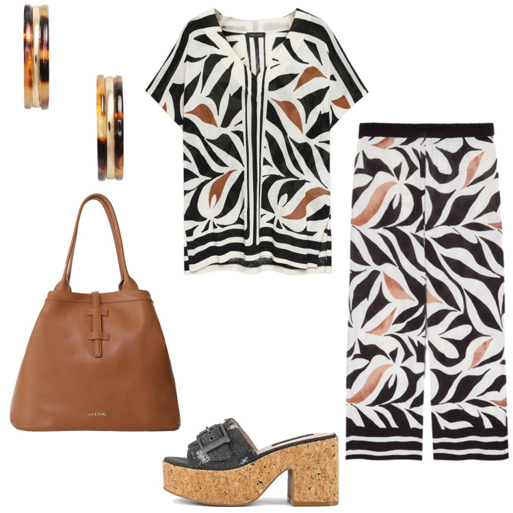 Outfit donna - Total look #2201162. Stile Casual per Tutti i giorni. Abbinamento con borse tote, orecchini, pantaloni, bluse, sandali.