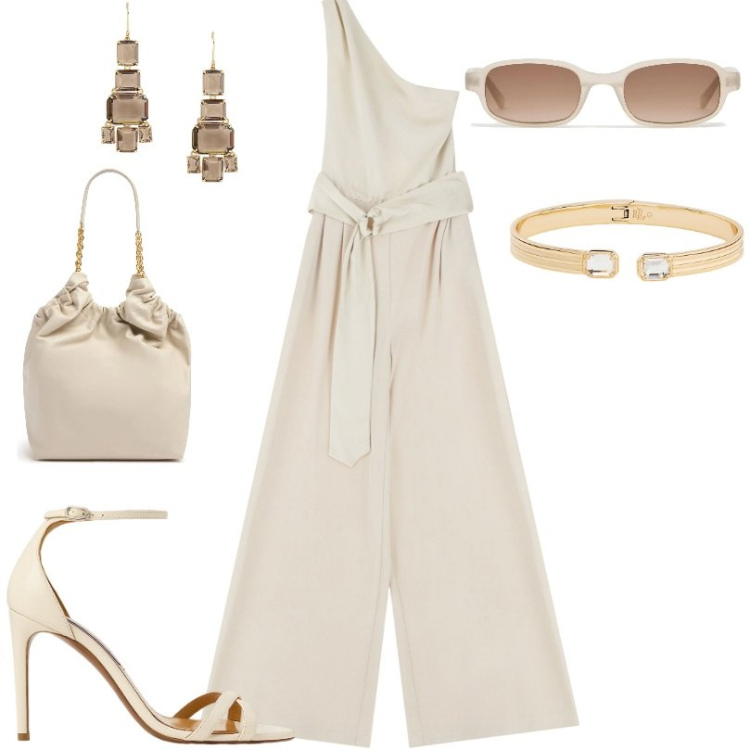 Outfit donna - Tuta monospalla nude. Stile Minimal per Tutti i giorni. Abbinamento con tute, braccialetti, sandali col tacco, orecchini, occhiali da sole, borse tote.