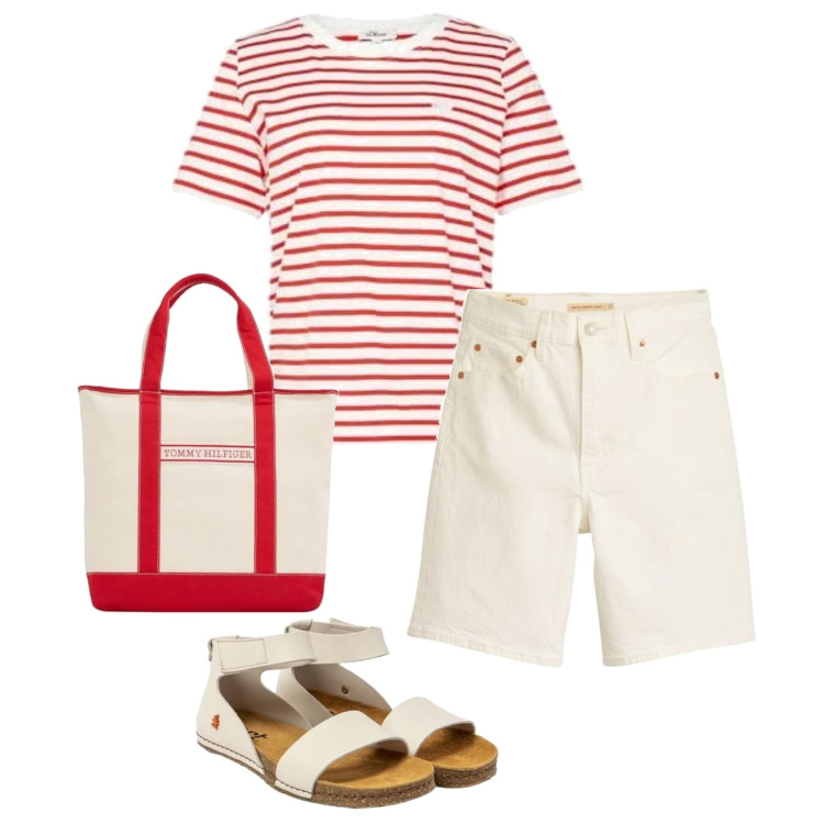 Outfit femme - Rouge et rayures. Style Casual pour Tous les jours. Assortir avec t-shirts, sac cabas, sandales en cuir, bermuda.