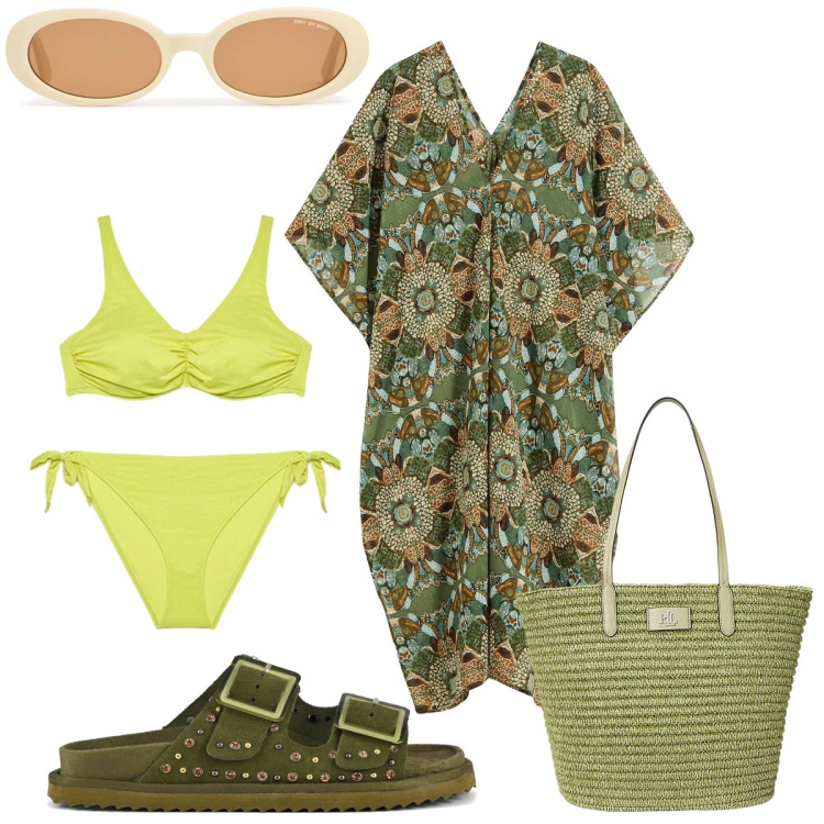 Outfit donna - Le ferie si avvicinano. Stile Glamour per Mare. Abbinamento con vestiti da spiaggia, borse tote, sandali, bikini, occhiali da sole.