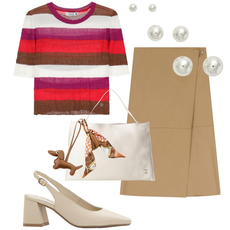 Outfit donna - Luglio in ufficio. Stile Casual chic per Ufficio. Abbinamento con décolleté, maglieria, borse a spalla, gonne longuette, portachiavi, orecchini.