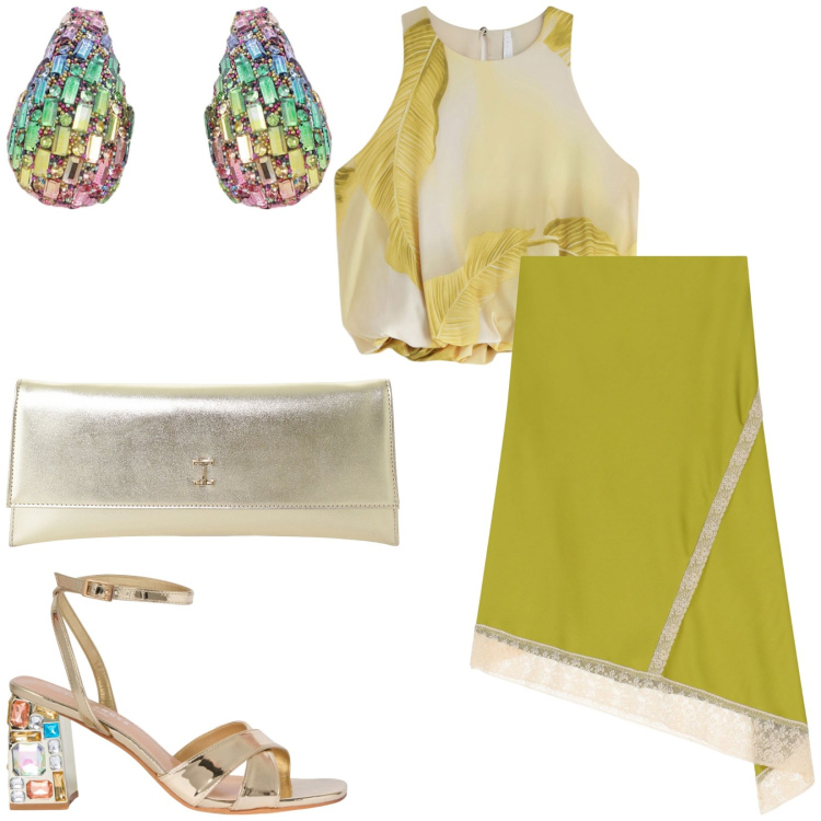 Outfit donna - Total look #2201180. Stile Glamour per Serata fuori. Abbinamento con sandali gioiello, pochette, top, gonne longuette, orecchini.