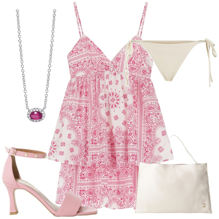 Outfit donna - Total look #2201184. Stile Boho per Mare. Abbinamento con collane, vestiti corti, sandali col tacco, borse a spalla, bikini.