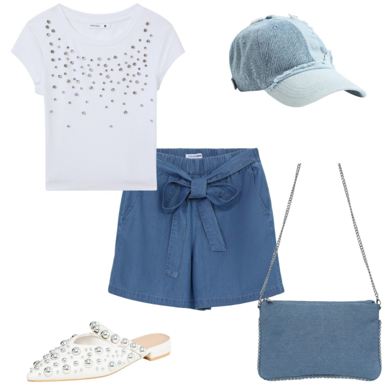 Outfit donna - Terranova - Summer sale 2025. Stile Casual chic per Tutti i giorni. Abbinamento con shorts, ballerine, borse a tracolla, t-shirt, cappelli.
