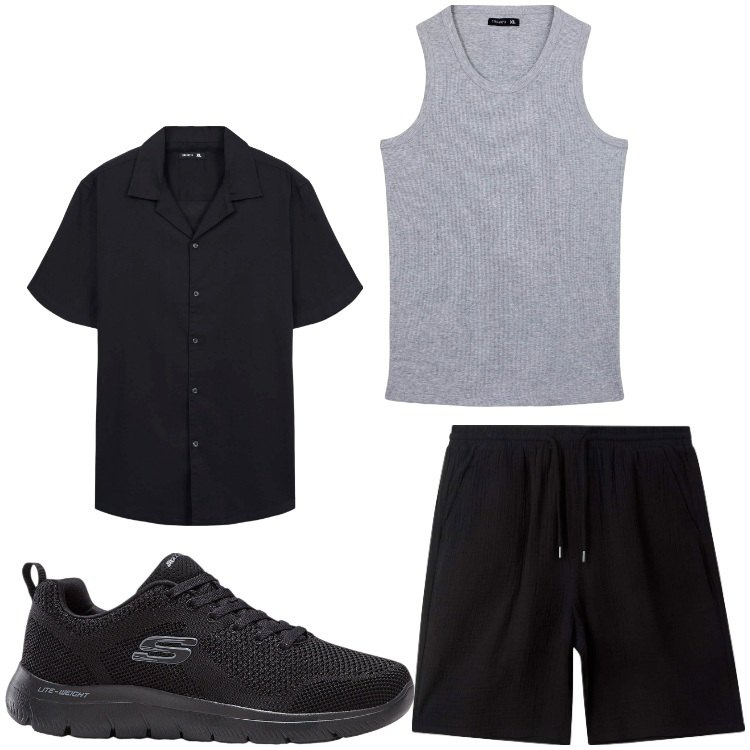 Outfit uomo - W le vacanze. Stile Casual per Tutti i giorni. Abbinamento con sneakers, canottiere, camicie a manica corta, pantaloni corti.