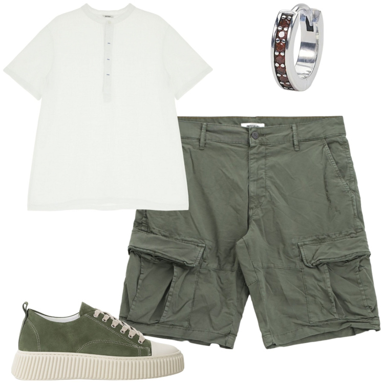 Outfit uomo - Luglio. Stile Casual per Tutti i giorni. Abbinamento con orecchini, sneakers, t-shirt, bermuda.