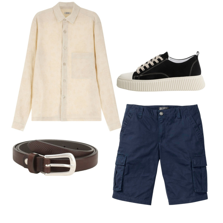Outfit uomo - Al fresco della sera. Stile Casual per Tutti i giorni. Abbinamento con bermuda, sneakers, cinture, camicie.