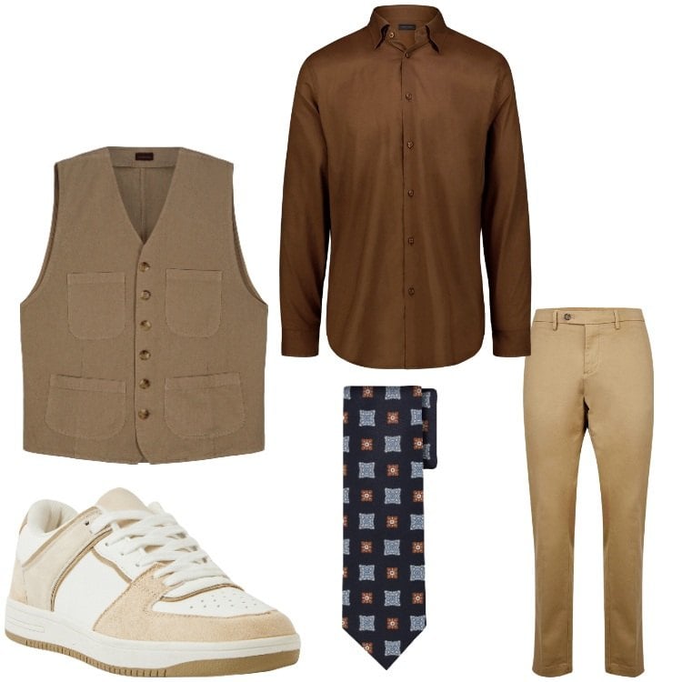 Outfit uomo - Luglio elegante. Stile Business/Elegante per Ufficio. Abbinamento con sneakers, camicie, pantaloni chino, cravatte, gilet.
