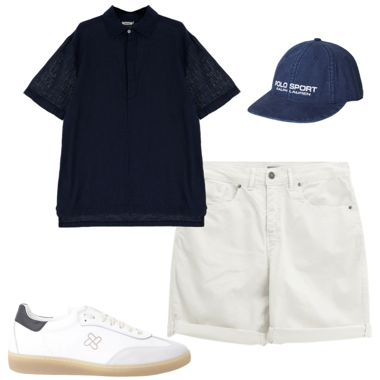 Outfit uomo - Luglio. Stile Casual per Tutti i giorni. Abbinamento con sneakers, polo, shorts, berretti.