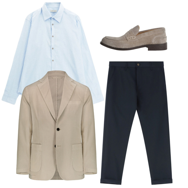 Outfit uomo - Luglio in ufficio. Stile Casual per Ufficio. Abbinamento con pantaloni chino, scarpe stringate, camicie, giacche.