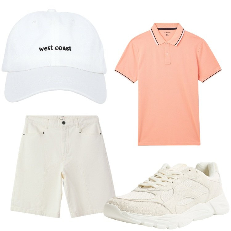 Outfit uomo - In chiaro. Stile Casual per Tutti i giorni. Abbinamento con cappelli, polo, bermuda, sneakers.