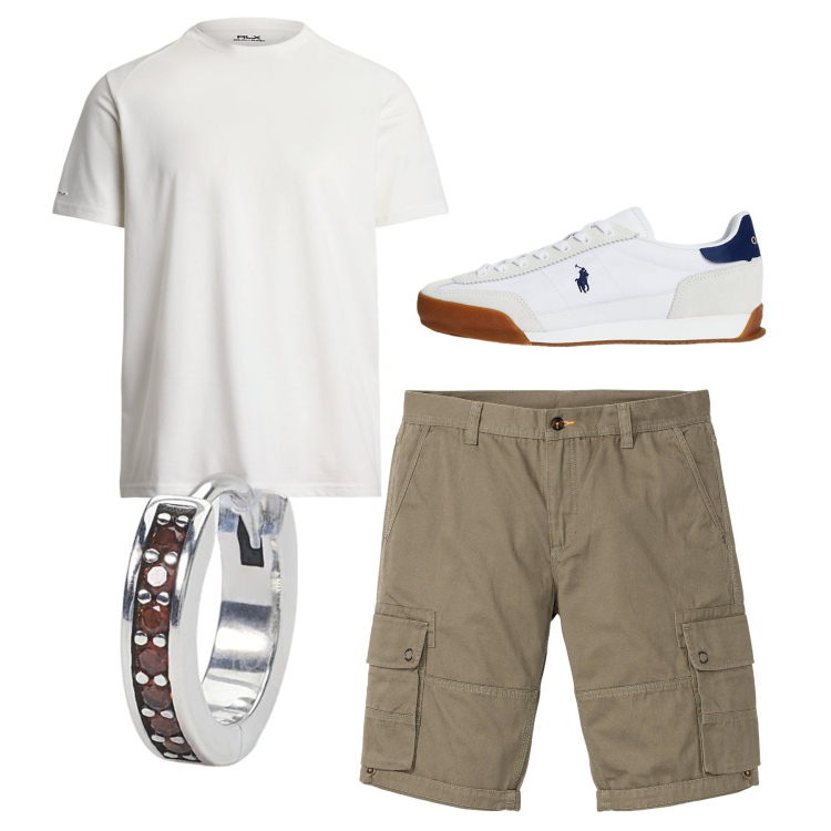 Outfit uomo - Golf style. Stile Casual per Tutti i giorni. Abbinamento con bermuda, orecchini, sneakers, t-shirt.