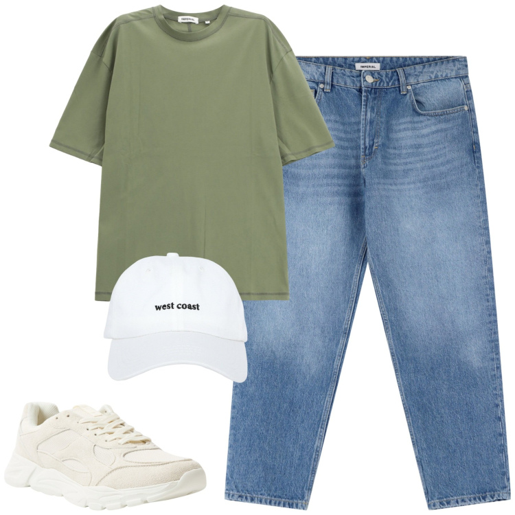 Outfit uomo - In jeans e via. Stile Casual per Tutti i giorni. Abbinamento con cappelli, sneakers, jeans, t-shirt.