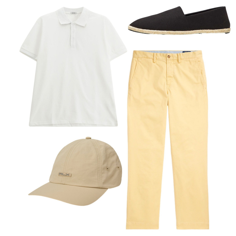 Outfit uomo - Piena estate. Stile Casual per Tutti i giorni. Abbinamento con espadrillas, polo, pantaloni, cappelli.