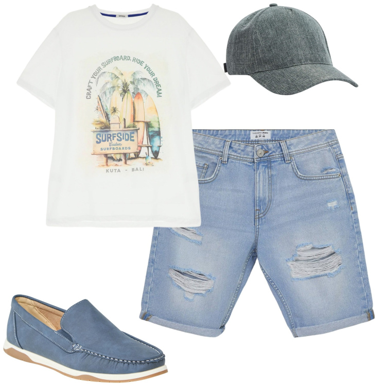 Outfit uomo - Weekend. Stile Casual per Tutti i giorni. Abbinamento con cappelli, scarpe stringate, bermuda, t-shirt.