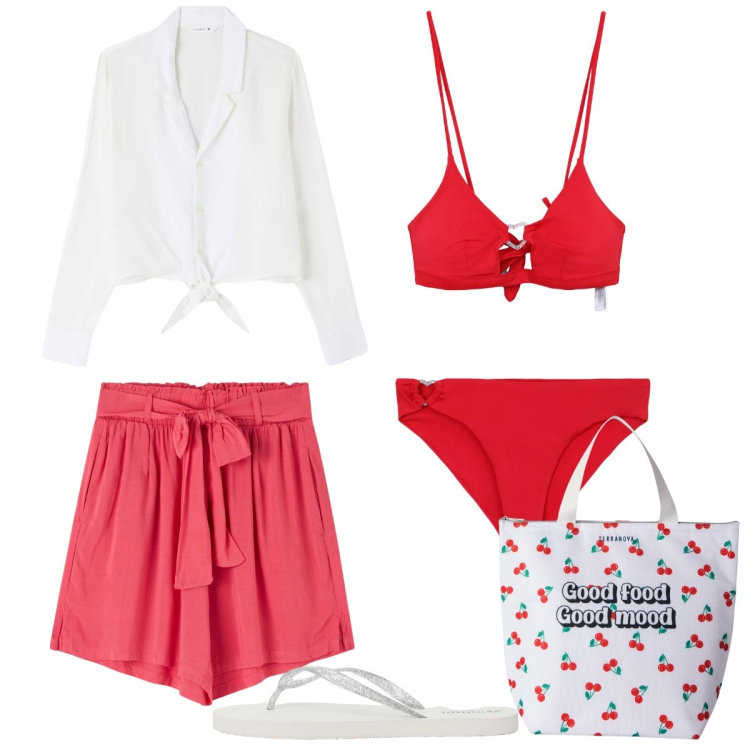 Outfit donna - Terranova Summer sale. Stile Casual chic per Mare. Abbinamento con shorts, camicie, borse tote, bikini, bikini, infradito.