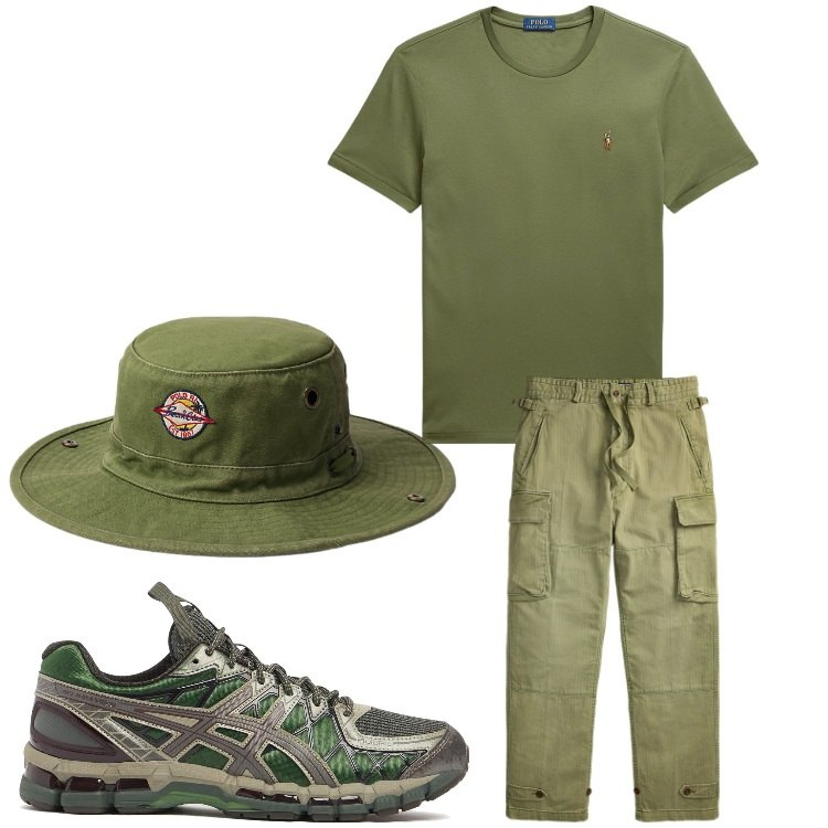 Outfit uomo - Nel bosco in estate. Stile Casual per Sport. Abbinamento con t-shirt, pantaloni cargo, cappelli, sneakers.