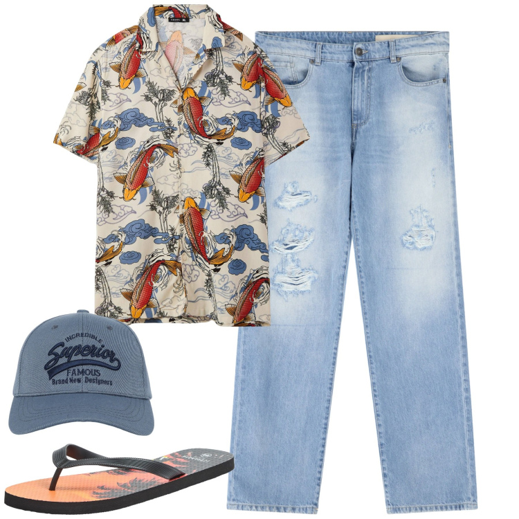 Outfit uomo - La camicia fantasia. Stile Casual per Tutti i giorni. Abbinamento con sandali, cappelli con visiera, camicie a manica corta, jeans strappati.
