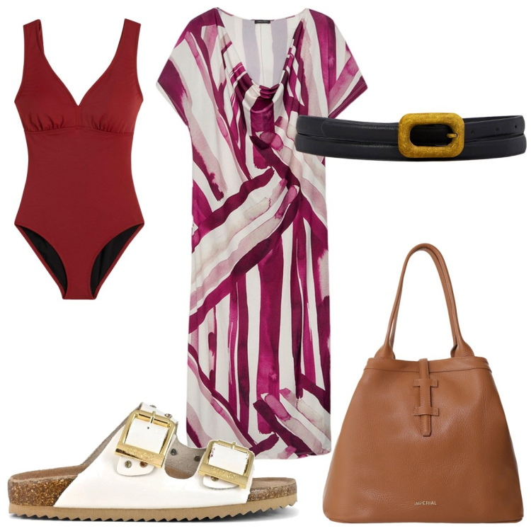 Outfit donna - Total look #2201207. Stile Trendy per Mare. Abbinamento con costumi interi, borse tote, vestiti lunghi, sandali, cinture.
