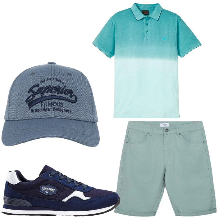 Outfit uomo - Sfumature. Stile Casual per Tutti i giorni. Abbinamento con sneakers, polo, cappelli con visiera, bermuda.