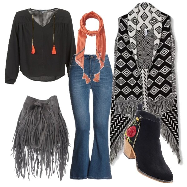 Outfit donna - Gipsy con stile. Stile Etnico per Tutti i giorni. Abbinamento con stivaletti, borsa a mano secchiello con stampa e frange taglia media con coulisse interno foderato in pelle tinta unita blu, pantalone in denim, camicetta nero, poncio nero, scialle taglia unica arancione.